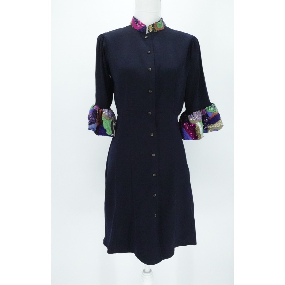La Fuori Dress Womens‎ M Navy Silk Sequin Trim Button Front Elegant Chic